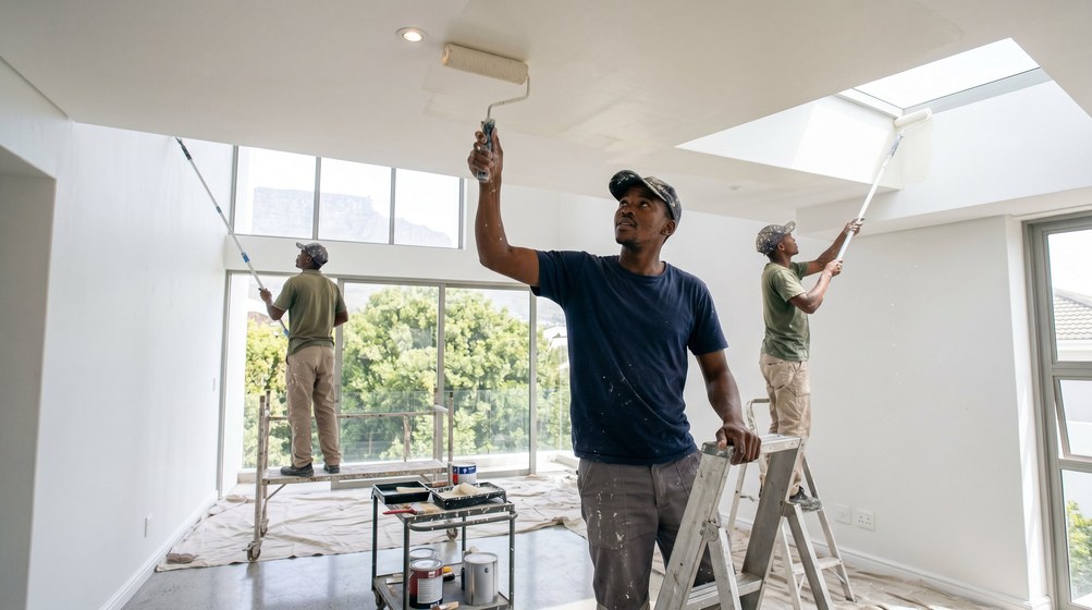 Professional ceiling painters rolling white paint onto a high ceiling in De Waterkant