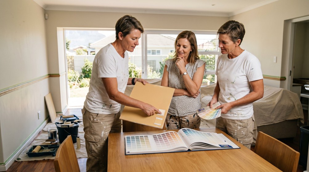 Professional colour consultant showing paint swatches to a homeowner in De Waterkant