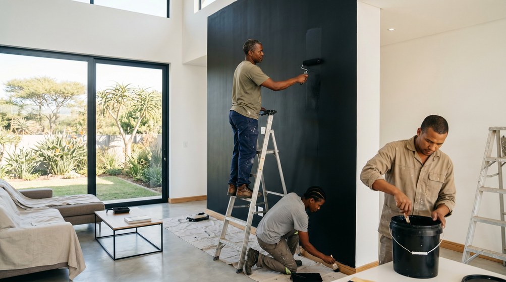 Professional painters creating a bold black feature wall in a modern De Waterkant home