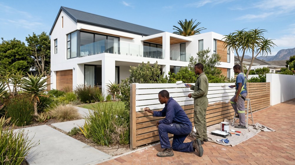 Professional fence painters painting a wooden fence at a De Waterkant home in De Waterkant