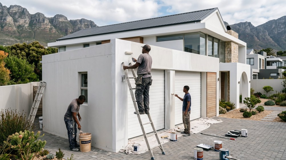 Professional painters painting a double garage exterior and garage doors in De Waterkant