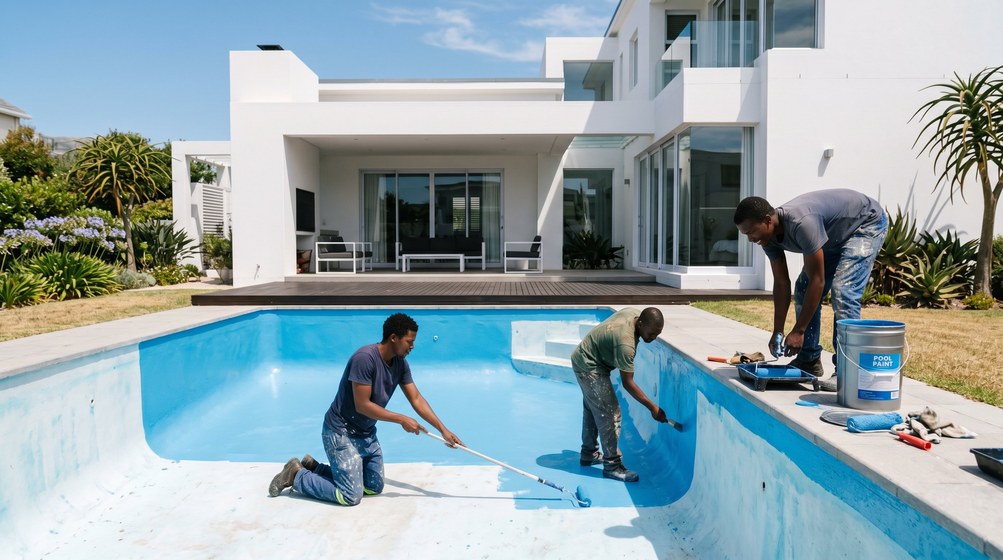 Professional pool painters applying blue pool paint to a swimming pool in De Waterkant