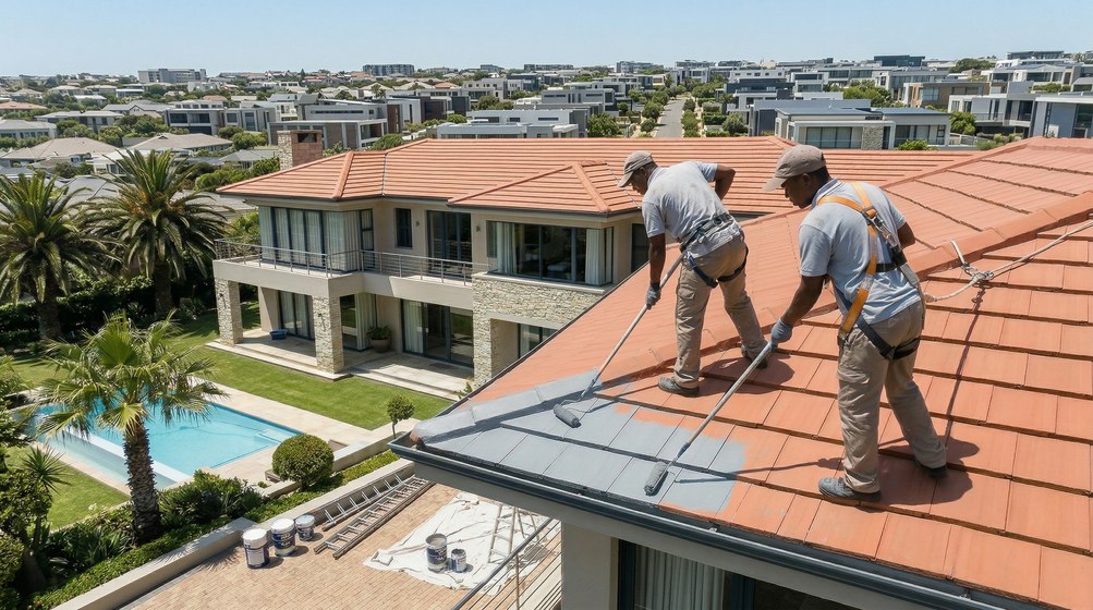 Professional roof painters applying waterproof coating to tiled roof in De Waterkant