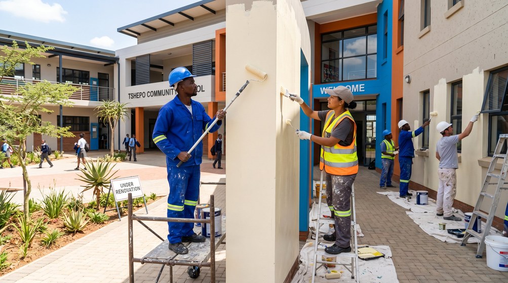 Professional school painting team painting a community school in De Waterkant