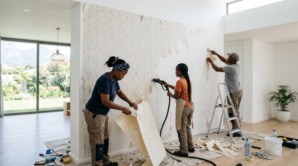 Professional wallpaper removal team stripping old wallpaper in a De Waterkant home