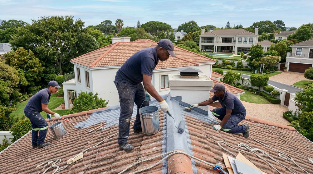 Professional waterproofing team applying membrane to roof in De Waterkant