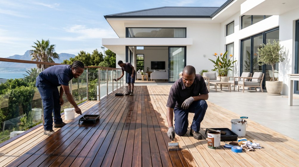 Professional wood staining team applying deck stain on a home in De Waterkant